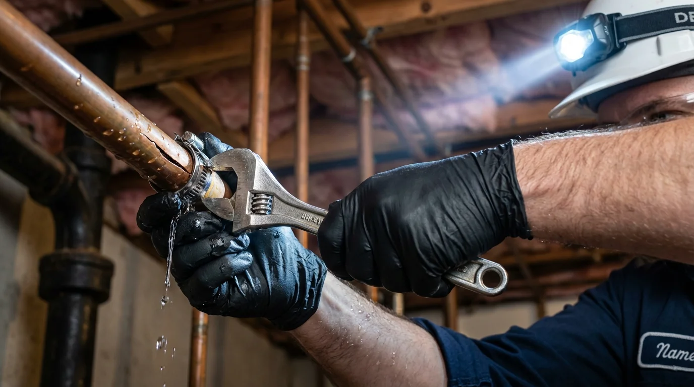 Emergency pipe clamp repair being performed by a Johns Plumbing LLC plumber in Mount Wolf